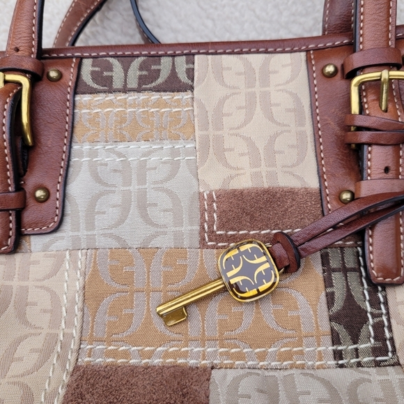 Fossil Signature Fabric Suede Patchwork Double Handle Satchel Crossbody Handbag - Picture 13 of 13